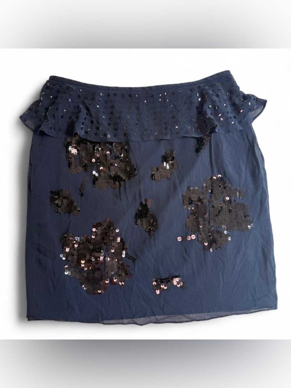 DKNY Navy Silk Skirt with Black Sequin Floral Accents - 12